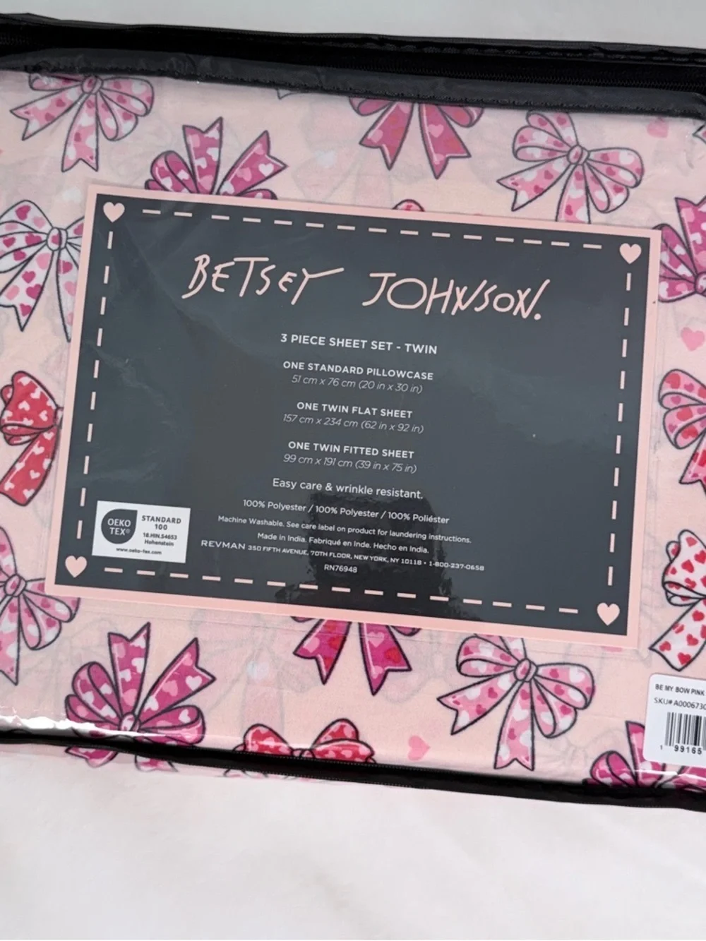 Betsey Johnson Pink Bow Heart Twin Sheet Set 3 Piece Bedding Girly sheet Set